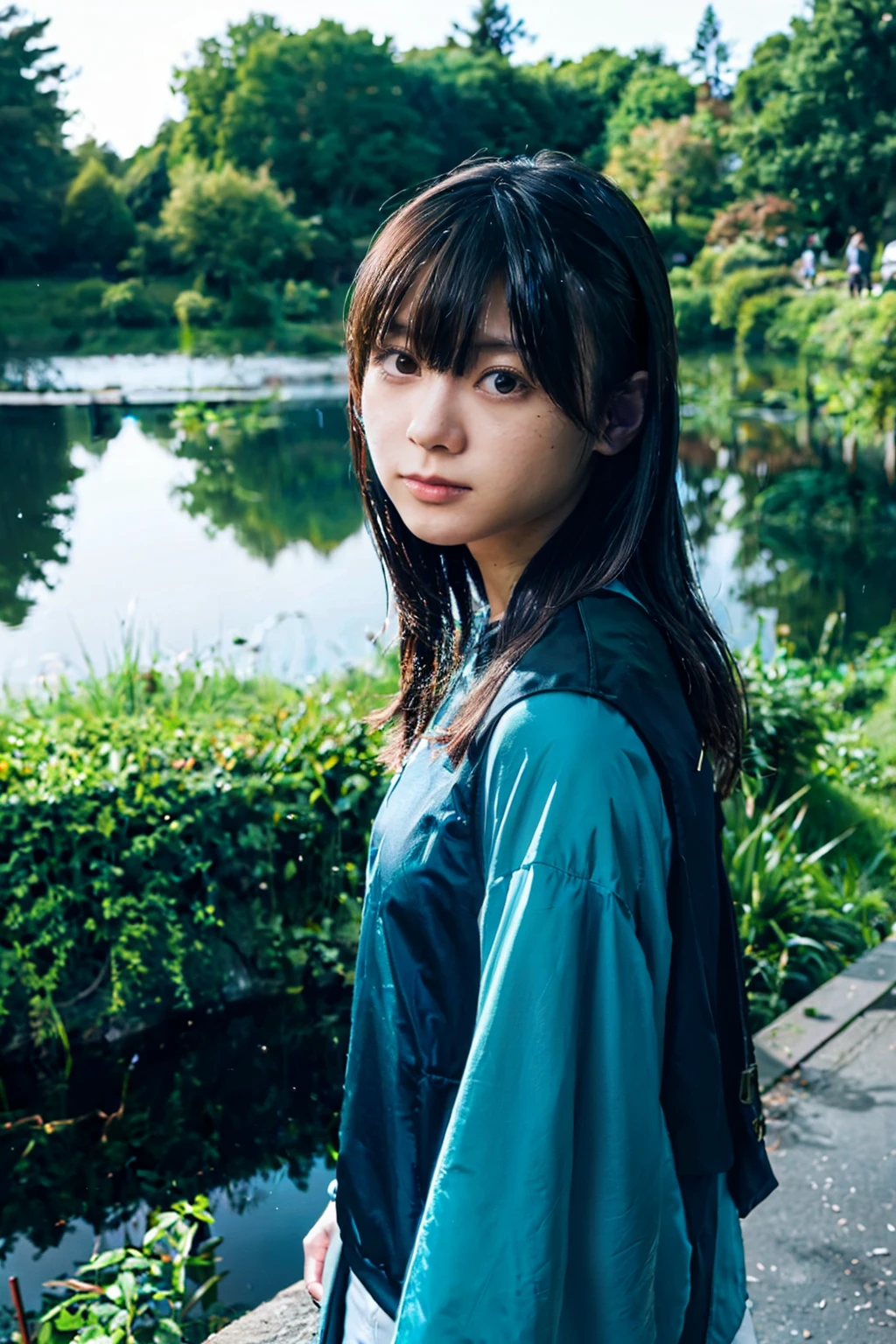 Fantasy Photography, a japanese girl, urban wears, messy hair, forest and pond, Realism, bumps on the skin