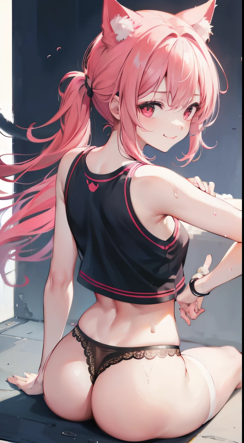 age girl,crop top,hot pants,Queen,Shake ack view,Cord,bondage,red eyes,No underwear,pink hair,big ass,playful,stick out your tongue,Smile,sweat,secretion,butt close-up,sitting,back view,raised buttocks,love,soaking wet,Cat ear,transparent,bend over,lace,crawling on all fours