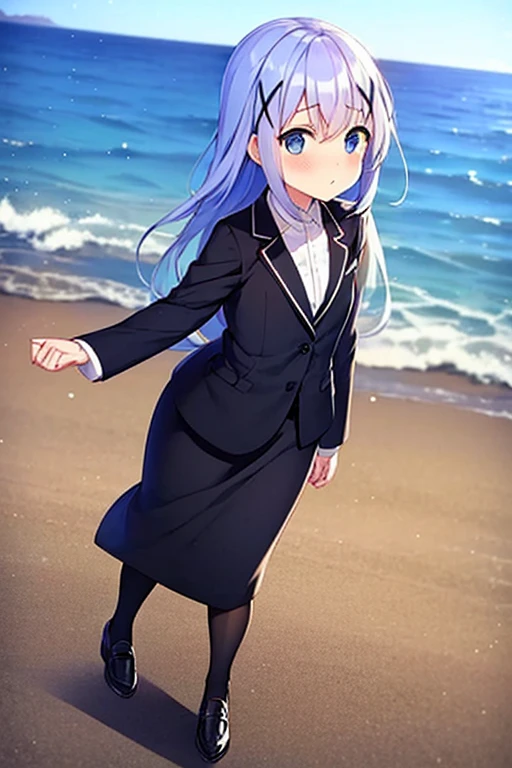 1girl, chino kafuu, beach background, beach, suit, office lady, black skirt, black blazer, pencil skirt, skirt suit, long skirt, white shirt, collared shirt, long hair, teenager, looking at viewer, full body