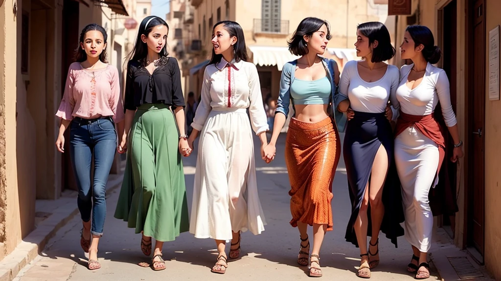 4 Lesbian girls kissing in moroccan crowded streets. Full body shot.