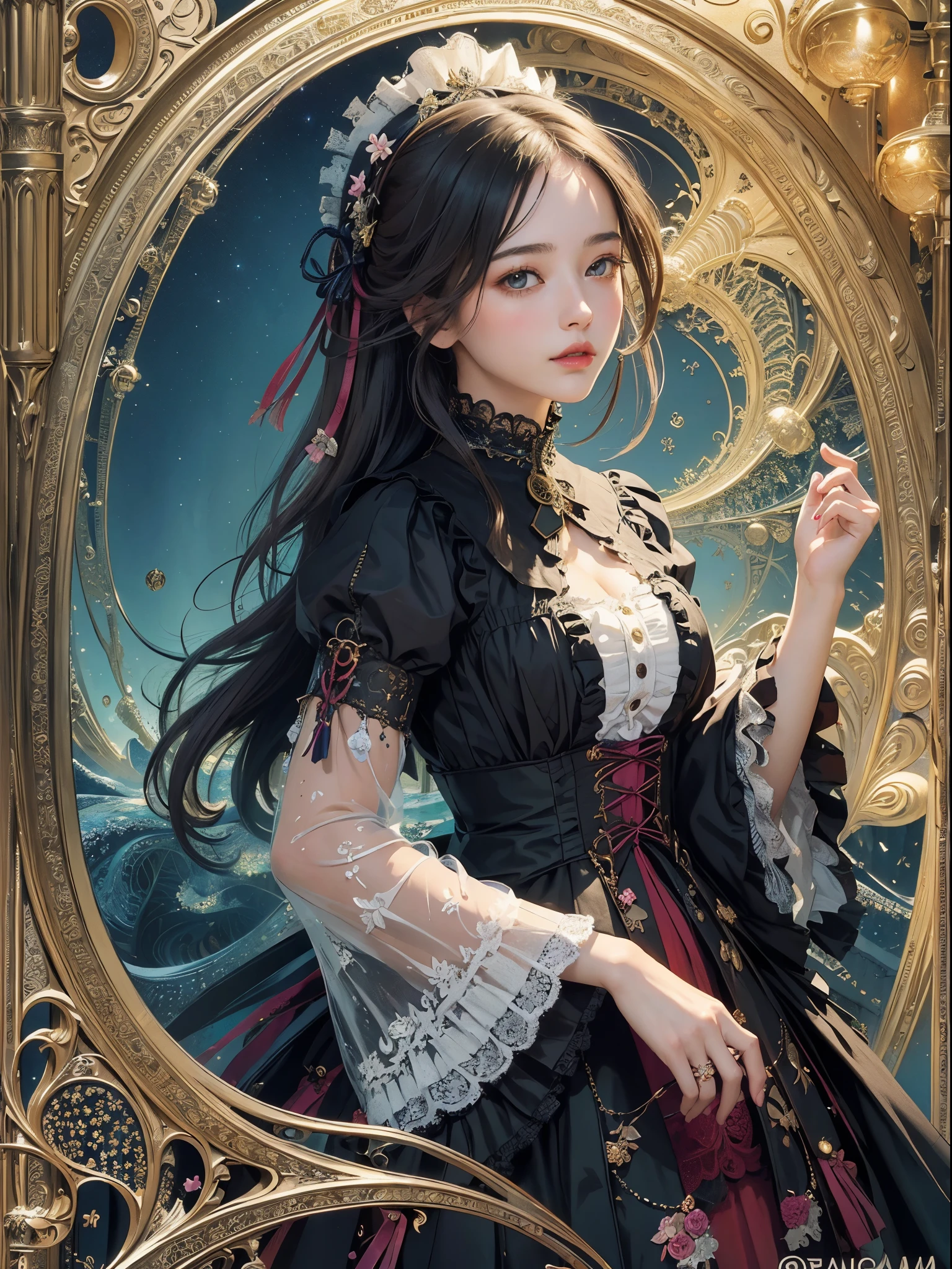 (masterpiece、quality、quality、Detailed and complex、official art、beautiful:1.3)、(1 girl in:1.3)、(fractal art:1.3)、Extremely colorful、vivid、victorian era clothing