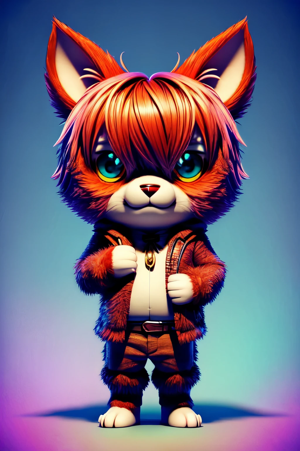 (best quality,high-res), bright and vibrant colors, magical background, whimsical lighting, fluffy ears and tail, big expressive eyes, small and chubby body, playful pose, fantasy theme, unique and intricate details, dynamic and energetic, FANTZ MONSTER DESIGN, a cute furry male creature with hair made out of style-nebmagic, chibi style, super adorable,