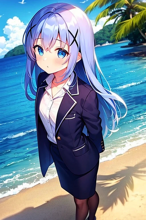 1girl, chino kafuu, beach background, beach, suit, office lady, black skirt, black blazer, pencil skirt, skirt suit, medium length skirt, white shirt, collared shirt, long hair, teenager, looking at viewer, full body