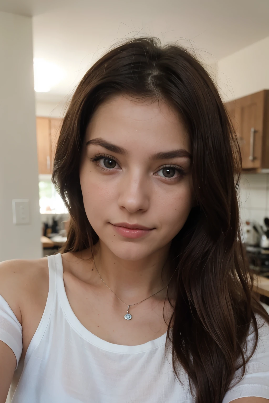 (Por favor genere una imagen de una mujer joven con una camisa y un collar.. She has brown hair, Grande, ojos azules, y un sutil, look de maquillaje natural.Directly looking at the camera, brunette en la cocina. The selfie should show you without visible makeup., and she should be looking directly at the camera. Little Reislin style, closeup, camera close to the face and big,