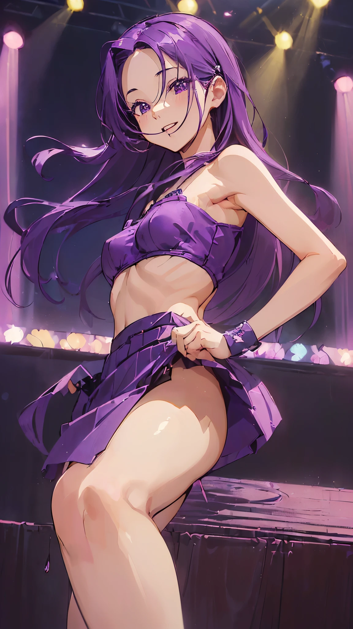 ((( Masterpiece ))) ((( background : high standard concert : on stage : Festive : cheerful theme ))) ((( character : Kazuha : long dark purple smooth hair : forehead : fit body : : happy : small breast : singing : K-pop idol outfit : standing :sexy k-pop idol pose)))