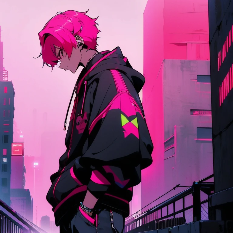 (shortcut), (two block hair), (bright pink hair), (male character), (red eyes), (cool pose), (top quality), (masterpiece), (Super detailed), (oversized hoodie), (Street style), (neon), (modern city), (neonデイライト), (cinematic), (stylish), (High resolution), (hyper-detailed), (soft town), (Nightcore), (a handsome guy), (wearing headphones), (natural appearance of the building), (casual), (IG studio anime style), (standing pose), (Camera from low angle from the front),