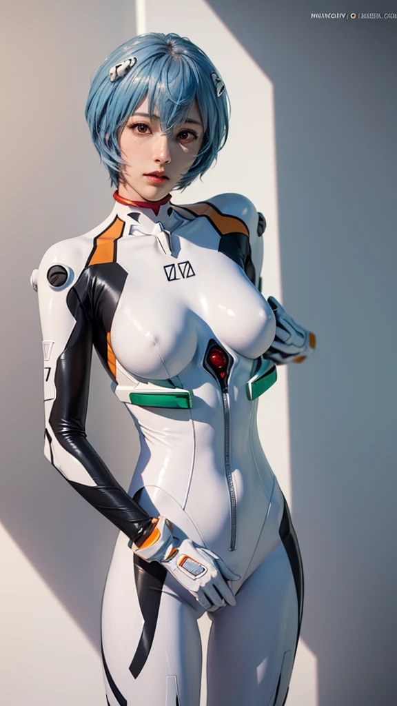 (masterpiece, highest quality), 1 girl, beautiful face, beautiful body,  ayanami_king, plug suit, body suit, interface headset, white body suit