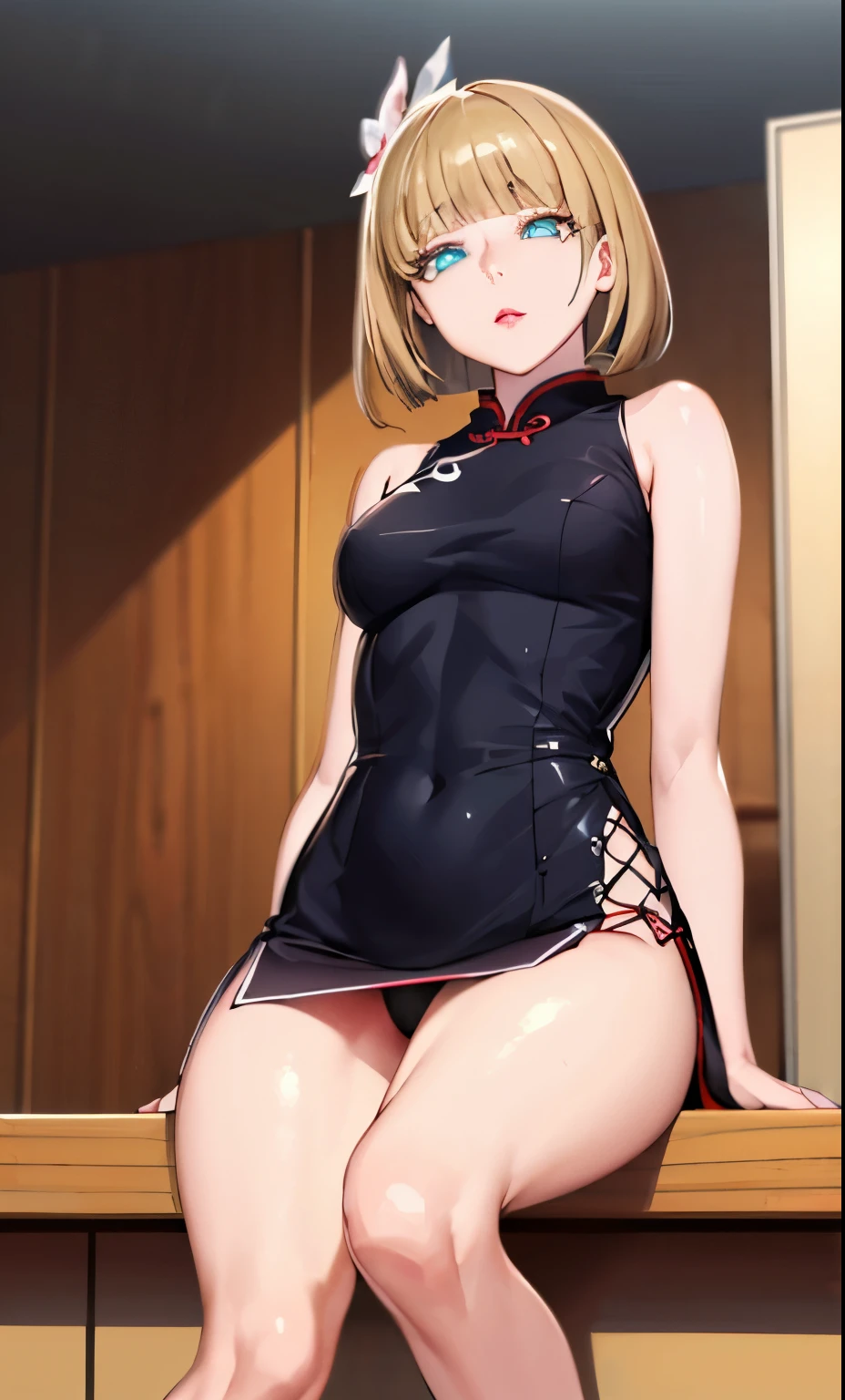 mine same as the original, mine, , (:1.2)
rest, (cheongsam), (view from below), (Put your arms behind your back), (wild lift), thin dress, Crotch cutout,
rest looking at viewer,
rest, Home,
rest (masterpiece:1.2), best quality, high resolution, unified 8k wallpaper, (illustration:0.8), (Beautiful and delicate eyes:1.6), extremely detailed face, perfect lighting, Very detailed cg, (perfect hands, perfect anatomy),soles of feet,sitting,blond,red lips