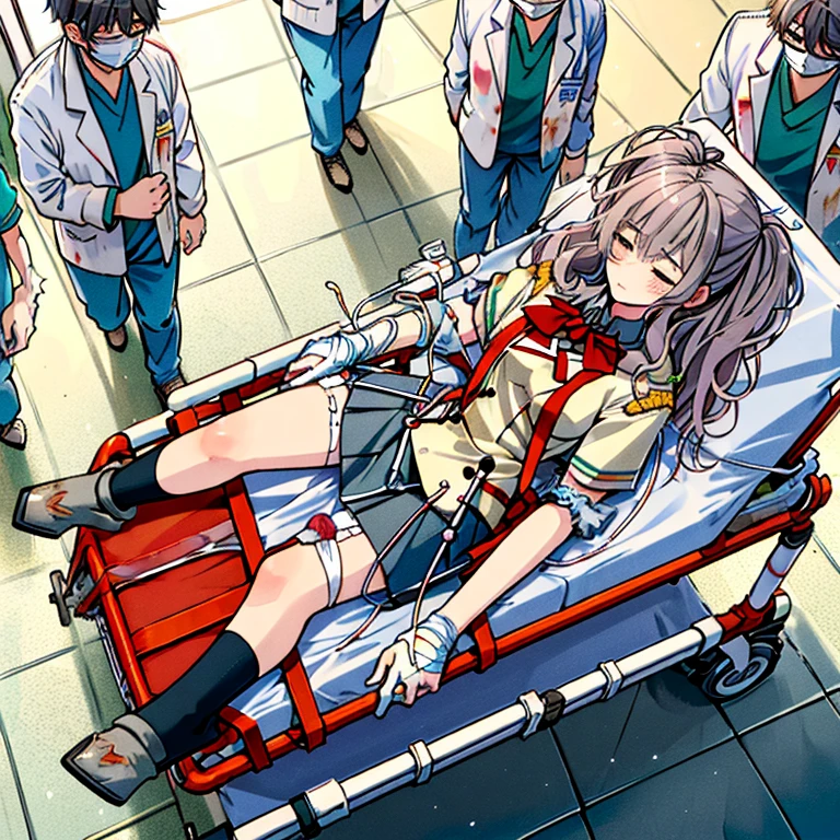 emergency transport,stretcher,intravenous drip, doctors,running,sleeping,lying on back,hospital hallway,(((bloody, blood on dress,torn dress, carrying))),bandages on face,emphasis lines,multiple boys, (Kashima, torn clothes, torn skirt, white panties, big breast:1.2)