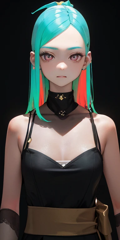 baby face, (colorful fluorescence multicolored  hair:1.5,straight hair:1.5), (masterpiece, sidelights, exquisite beautiful eyes: 1.5), masterpiece*portrait, realistic, ((dark horror background:1.5)),(low tension girl:1.5),colorful,3D face,(beautiful face),front view: 1.6、 (glowing red eyes:1.2),(tareme:1.5)、(a despised face:1.2),()、pale mouth,Slim Body, shiny hair, shiny skin: 1.5、medium breasts,、solo,(stand)、(BurqaDr3ss, 長袖ドレス, 全身, フード, ワイドスリーブ, フードアップ, 緑のドレス,:1.5)、(charactor focus:1.5、portlate、eye focus,cowboy shot)、dark、BurqaDr3ss(ブルカドル3ss)