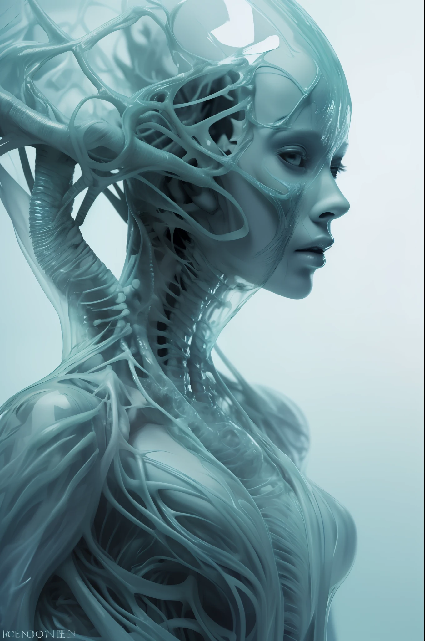 best quality,masterpiece,intricate details,1 girl,alone,for the audience,(whole body:1.4),(Light and ),background,bright,lips,alien android, background,alien,Transparent skull,(Organic helmets),A beautiful futuristic woman，with a futuristic head,Deep white and light aquamarine style,translucent skin,undefined anatomy,Weird placement of details,alien worlds,intricately carved,techno-punk,spine,Exoskeleton,colored skin,Upper body,Keep your mouth shut,,depth of field,ultra high definition,matte photos,bold yet elegant,complicated decoration,8K resolution,