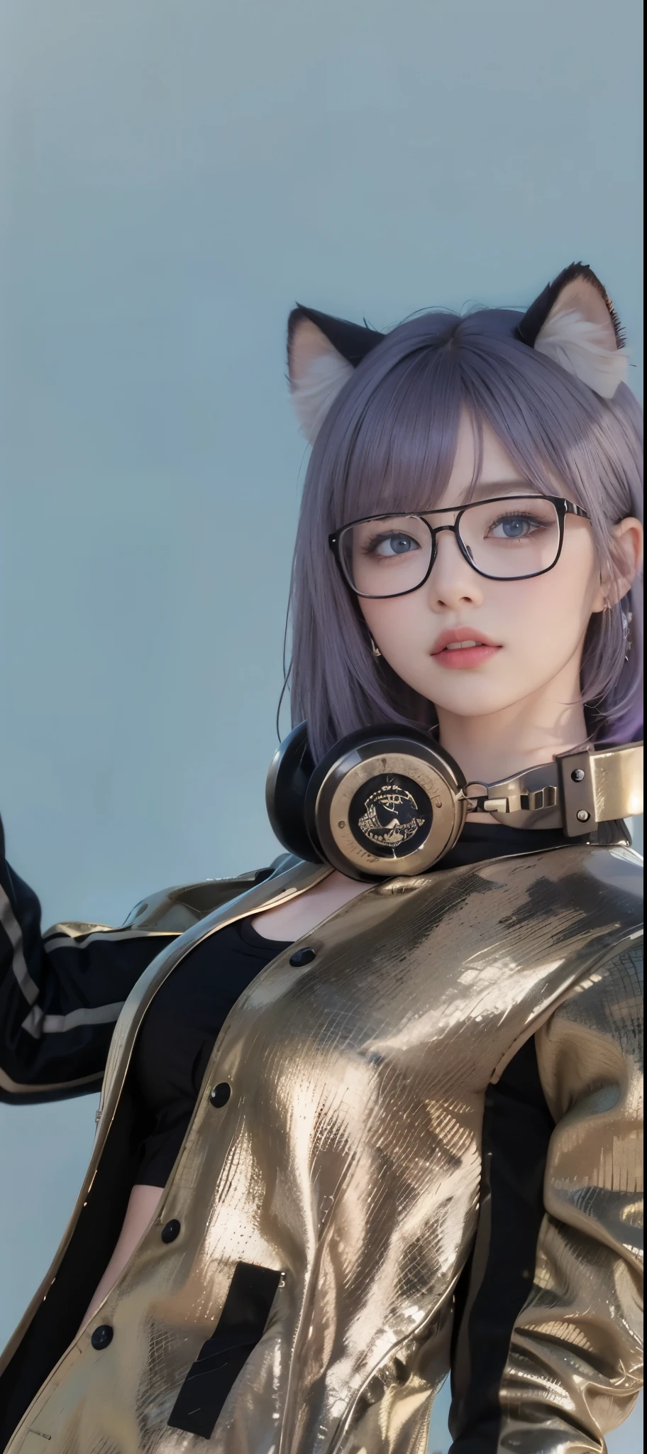 best quality, masterpiece, girl, Purple Pink short hair, blue eyes (wink), black eye glasses (transparant glasses), home, sun shining, shiny skin, sun flare