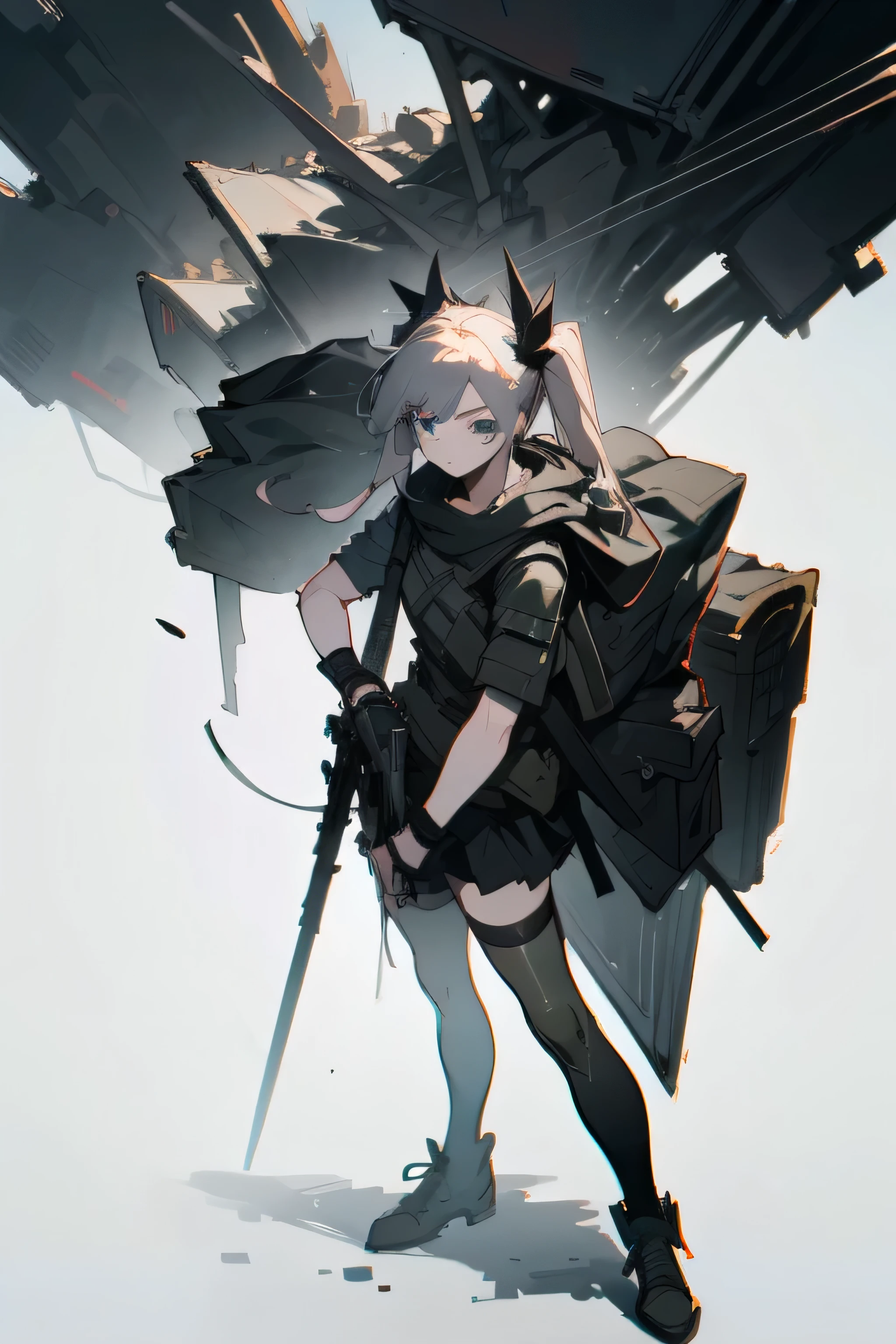 Close-up of a man holding a gun and backpack, 2D concept art, Two-dimensional non-pleated skirt，Full body modern military equipment，Dark camouflage  mainly black，black tactical boots，hairstyle: double ponytail，Hair color grayish white，Cold personality，M4，black stockings，The ruins of the city in the background take up the entire image.，M4 more detailed