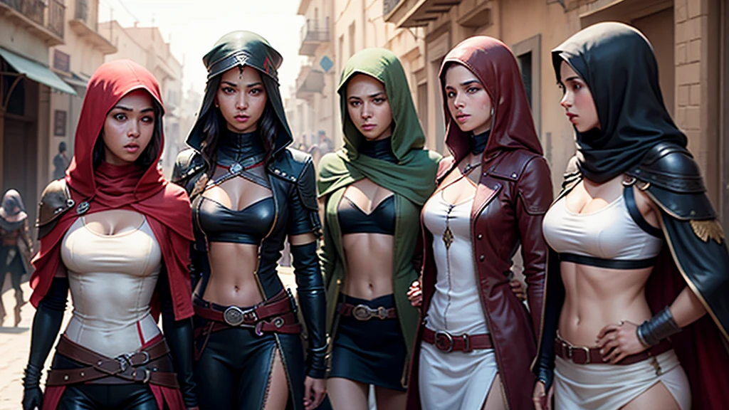 4 Lesbian girls rebellion in moroccan crowded streets. Assassin creed fashion