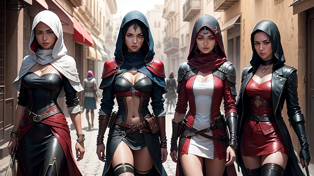 4 Lesbian girls rebellion in moroccan crowded streets. Assassin creed fashion