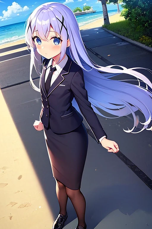 1girl, chino kafuu, beach background, beach, suit, office lady, black skirt, black blazer, pencil skirt, skirt suit, medium length skirt, white shirt, collared shirt, long hair, teenager, looking at viewer, full body