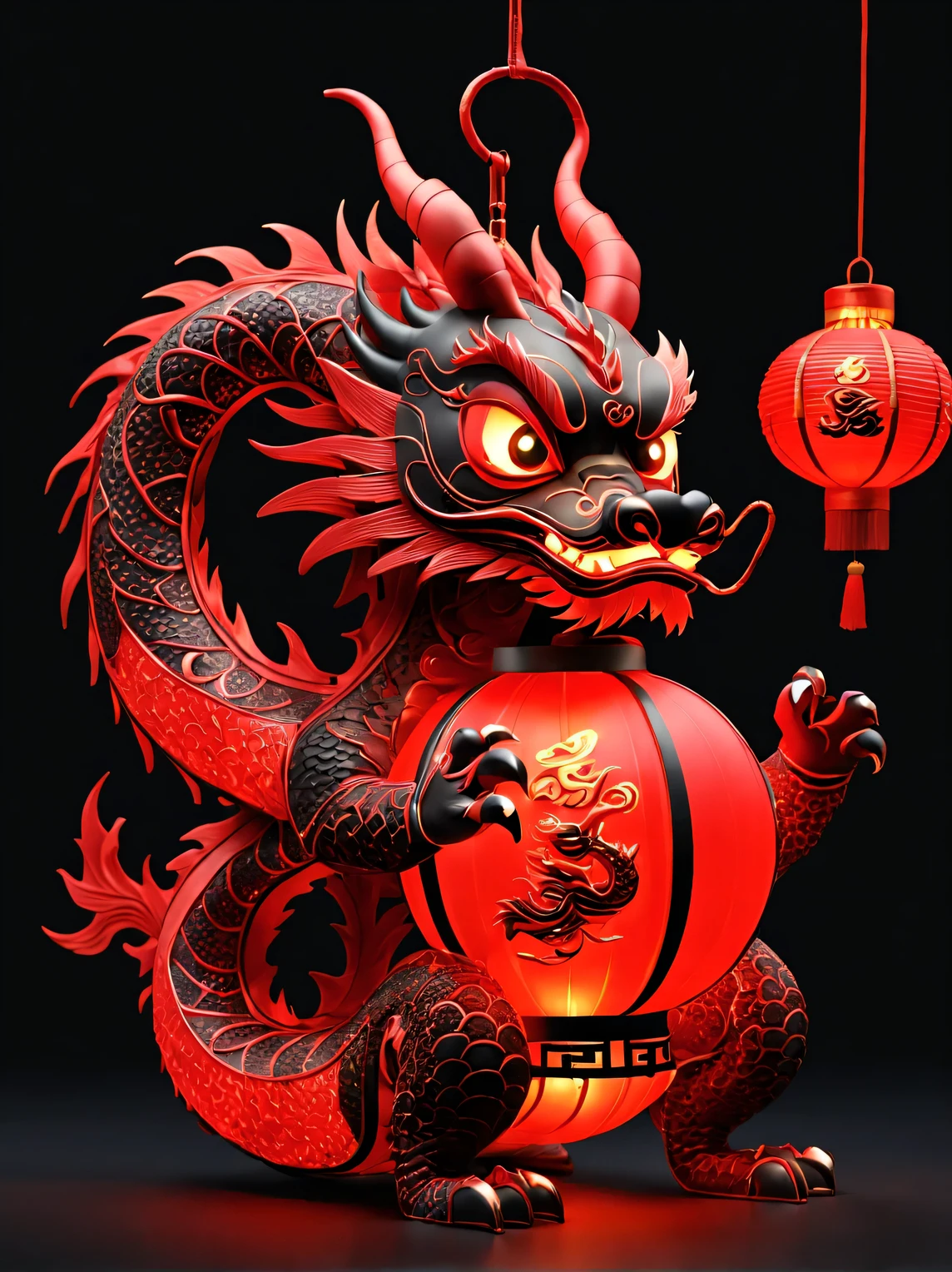 Jean Julien style, (product design), (cute anthropomorphic Chinese dragon shaped red lantern design), background: black, 3D, cut,