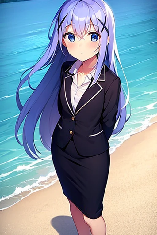 1girl, chino kafuu, beach background, beach, suit, office lady, black skirt, black blazer, pencil skirt, skirt suit, medium length skirt, white shirt, collared shirt, long hair, teenager, looking at viewer, full body