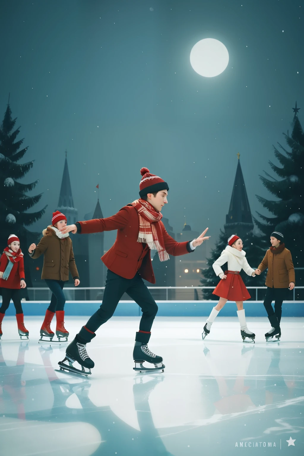 The Moscow Ice Skating Extravaganza: Illustrate a boy with a classic winter hat and scarf, leading an ice skating club on a frozen pond in Moscow. The skaters glide gracefully on the ice, creating a scene reminiscent of Malory Towers' wintertime adventures. Illuminate the winter wonderland with Wes Anderson's cool and serene color palette, capturing the elegance and camaraderie of the ice skating gathering.