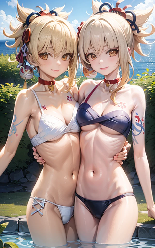 2 girls smiling in water in bathtub,No teeth exposed. Female twins, Vibrant colors,natural lighting, best quality, Chest to chest, Put your arms around the other person's waist, sunny masterpiece, Navel exposed, blush, Navel exposed, swimsuit, Full, Big breasts, Next to each other