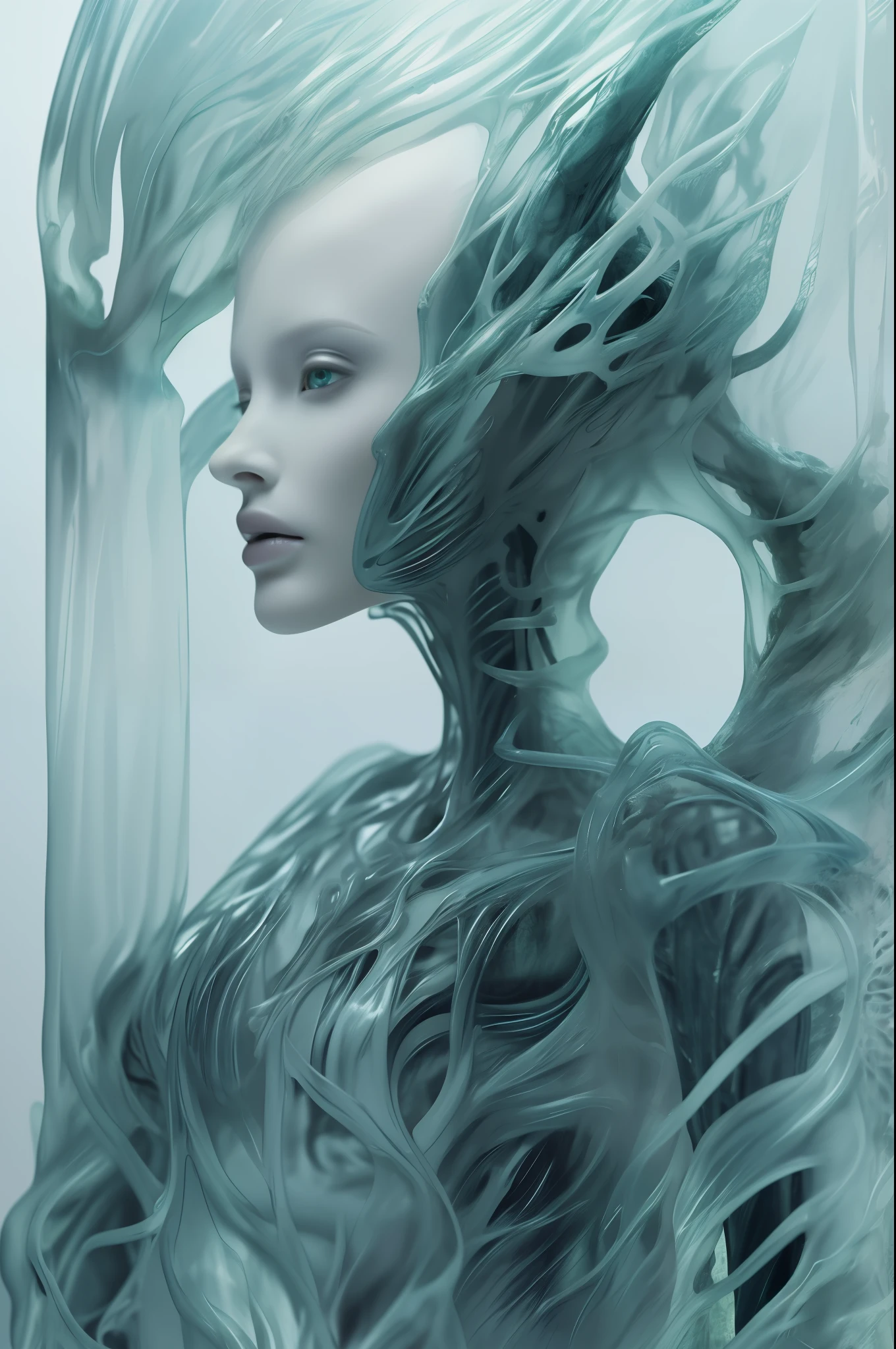 best quality,masterpiece,intricate details,1 girl,alone,for the audience,(whole body:1.4),(Light and ),background,bright,lips,alien android, background,alien,Transparent skull,(Organic helmets),A beautiful futuristic woman，with a futuristic head,Deep white and light aquamarine style,translucent skin,undefined anatomy,Weird placement of details,alien worlds,intricately carved,techno-punk,spine,Exoskeleton,colored skin,Upper body,Keep your mouth shut,,depth of field,ultra high definition,matte photos,bold yet elegant,complicated decoration,8K resolution,