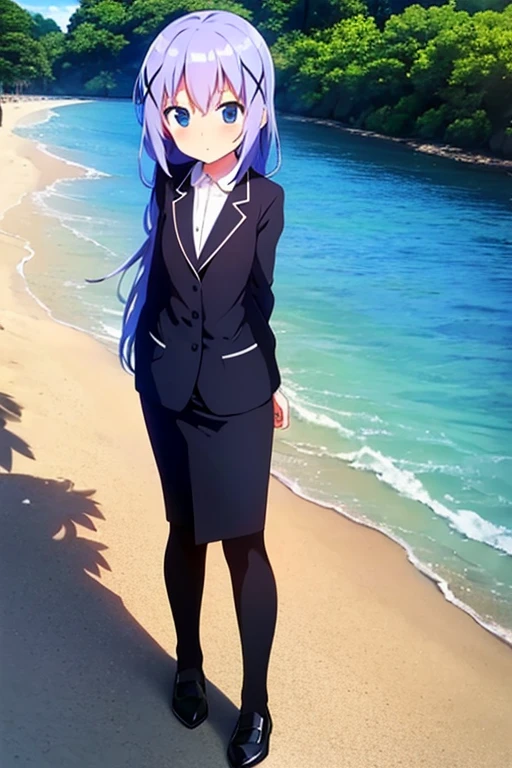 1girl, chino kafuu, beach background, beach, suit, office lady, black skirt, black blazer, pencil skirt, skirt suit, medium length skirt, white shirt, collared shirt, long hair, teenager, looking at viewer, full body