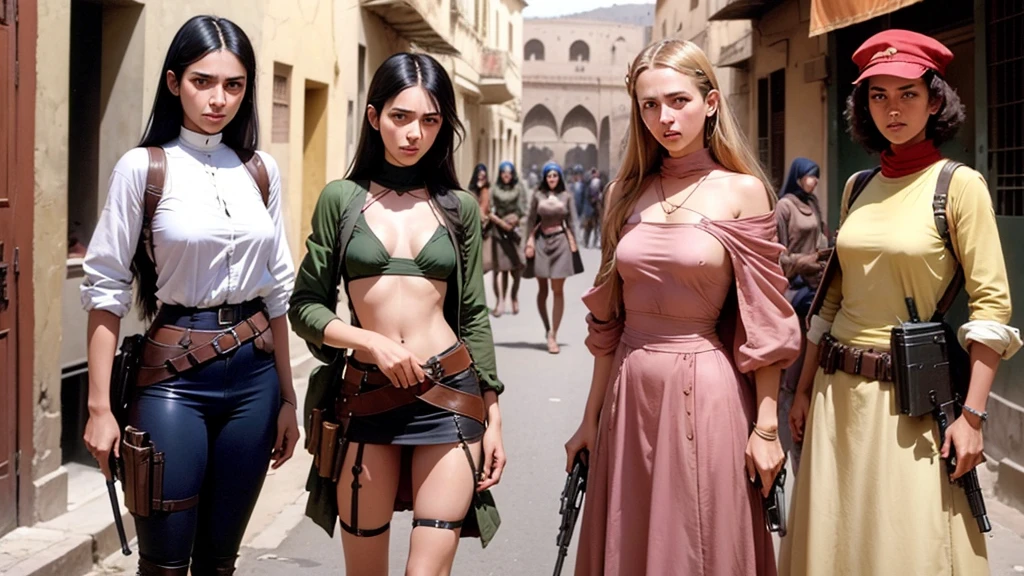4 Lesbian girls in act of armed rebellion in moroccan crowded streets. Full bodies shot