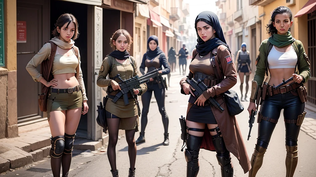 4 Lesbian girls in act of armed rebellion in moroccan crowded streets. Full bodies shot
