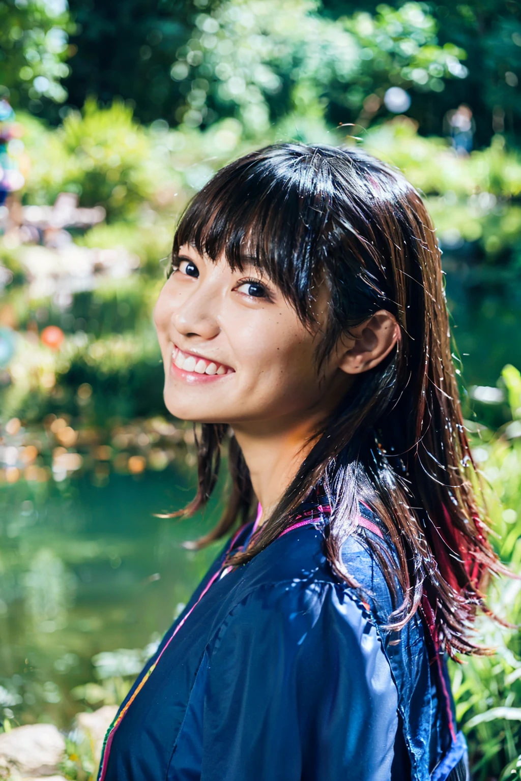 Fantasy Photography, a japanese girl, colorful wears, Turn around and look happy, messy hair, forest and pond, Realism, bumps on the skin