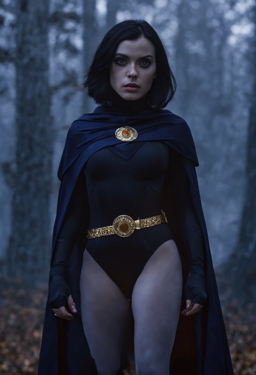 1girl, cowboy shot of raven, raven from teen titan, pale skin, black leotard, turtleneck, tights, cape, glowing eyes, gold belt, jewels, medallion, athletic, looking at viewer, night, dark forest, mist, fog, volumetric lighting, best quality, masterpiece, intricate details, tonemapping, sharp focus, hyper detailed, realistic