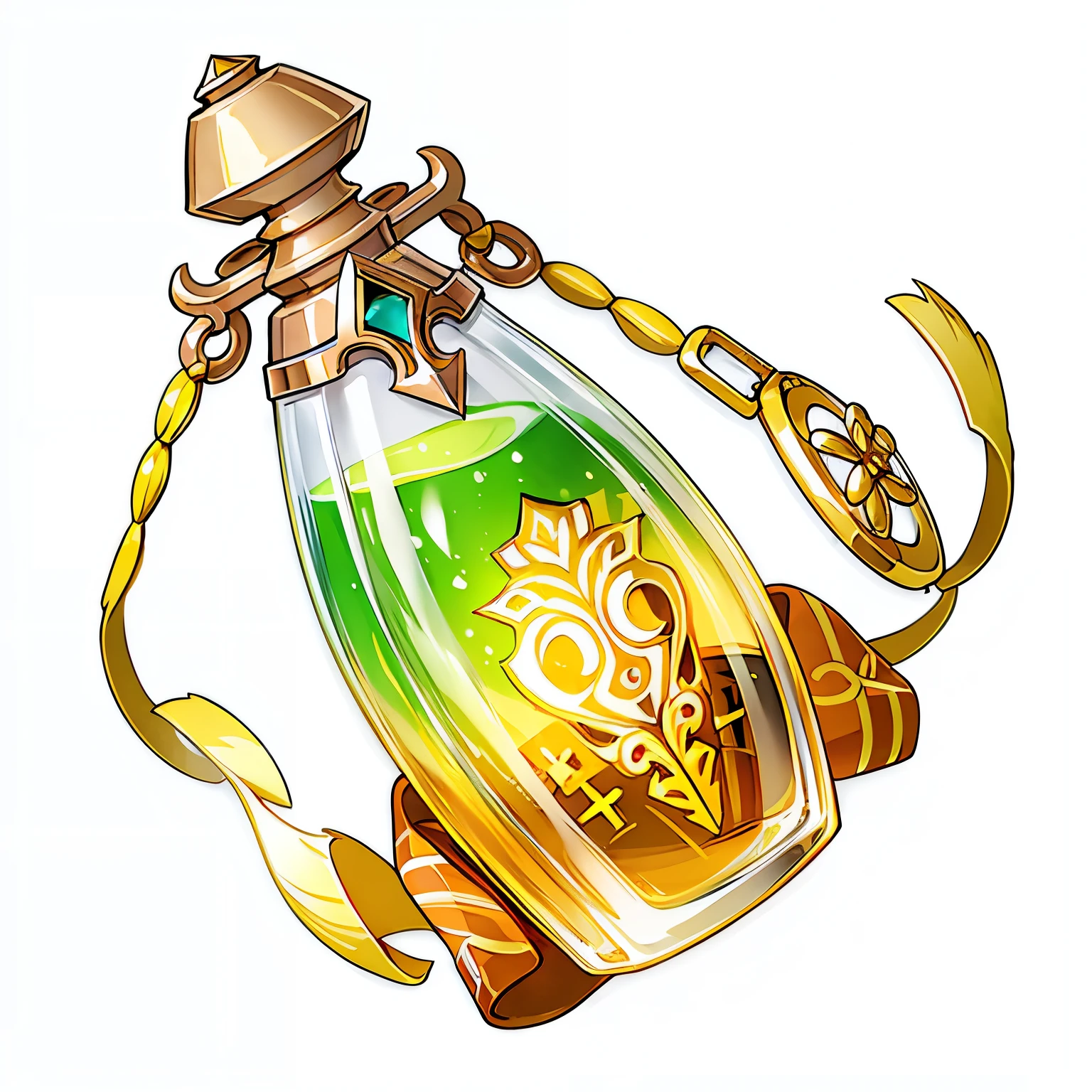 (masterpiece, top quality, best quality, official art, beautiful and aesthetic:1.2),(8k, best quality, masterpiece:1.2),icon\(game icon institute\), a bottle of liquid with a gold cap and a tag on it's neck and a gold cap on the top,  background, white background, no humans, bottle, food focus, still life,