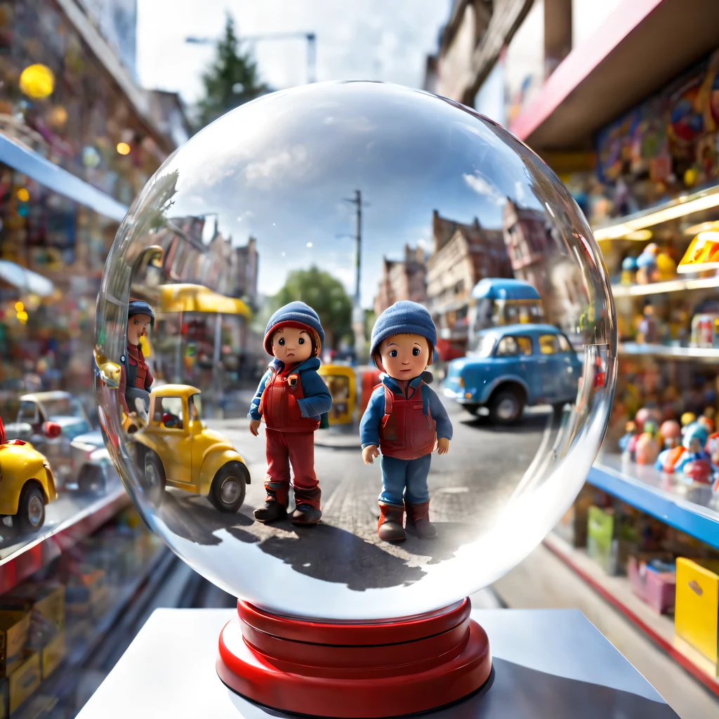 Double exposure photo image, combining a small toy country with toys and a glass ball, a glass ball stands in a Toy Store Window Display, inside a glass ball a toy country with toys with its own details, finely drawn inside a glass ball, around a glass ball Toy Store Window Display, Clear focus, large depth of field, Double exposure, hyperrealistic, extremely detailed, Ray tracing, Cinematic, HDR, Photorealistic (Double Exposure:1.1)