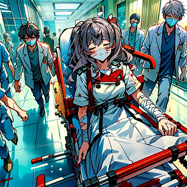 emergency transport,stretcher,intravenous drip, doctors,running,sleeping,lying on back,hospital hallway,(((bloody, blood on dress,torn dress, carrying))),bandages on face,emphasis lines,multiple boys, (Kashima, torn clothes, torn skirt, white panties, big breast:1.2)