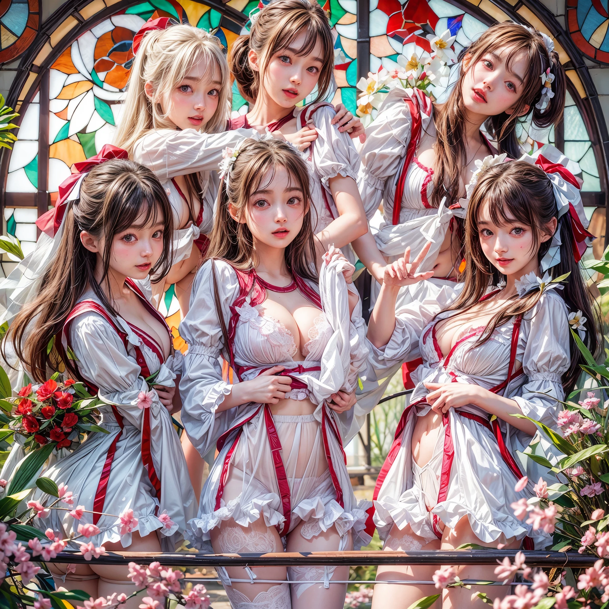 (White and Red, Acutance:0.8), Masterpiece, (physically-based rendering with ultra-detailed, (realistic and (photorealistic:1.37) with touch of rawness)). A group of KAWAII girls in opened school uniform (((with visible Cleavage without bra))) . ((extremely detailed KAWAII face variations) with joyful expressions), { Navel | pretty Ass | Overflowing underboob | (White panties) | (full of Flowers covering girl's body) | (Dazzling colorful stained glass with delicate details:1.2) } . (Exposed:1.2), (((nipple:-0.99))), ((NSFW:-0.95)) .