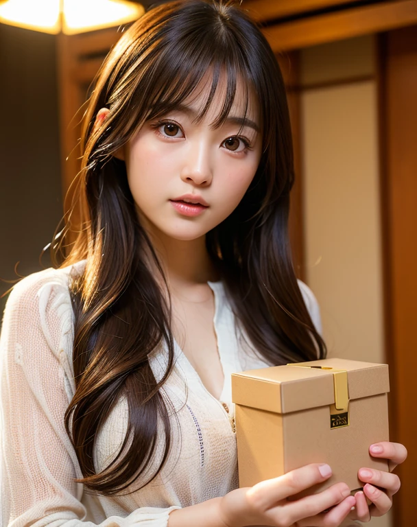 highest quality, face focus, soft light, ultra high resolution, (realistic:1.4), RAW photo,
1 japanese girl, alone, cute, (pupil, light in the eyes),  detailed beautiful face, (small box),(High resolution details of human skin texture),
(long hair),
indoor,
Damask Shirt Dress,
(portrait)