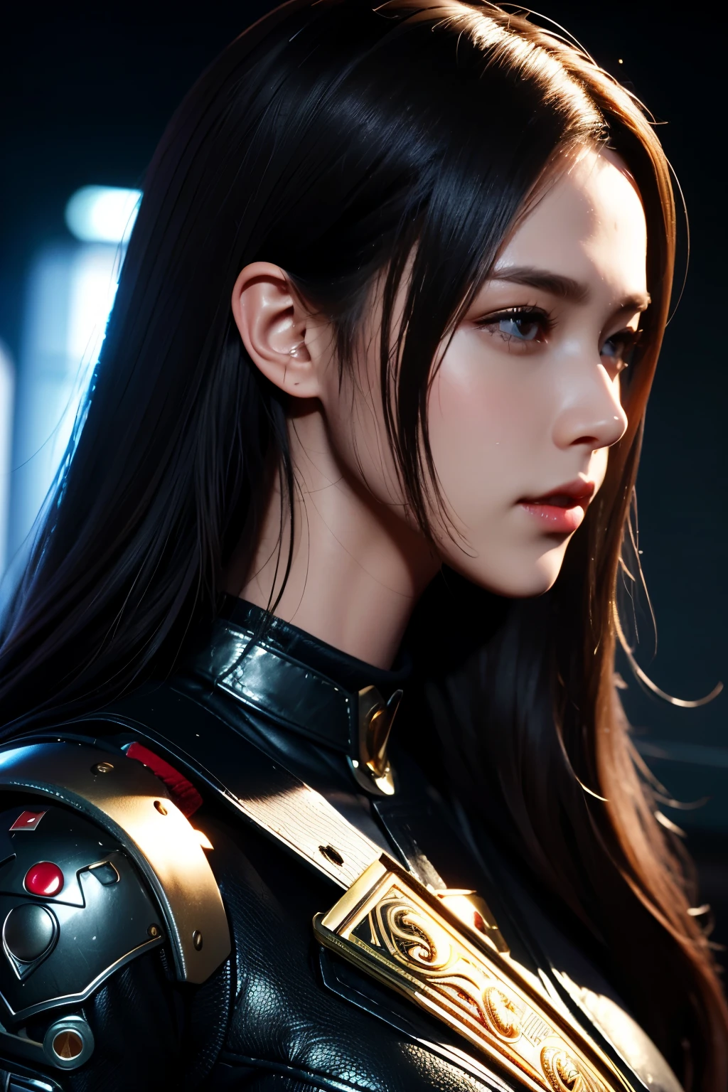 Masterpiece，The best qualities，Very high resolution，8K，((Portrait))，((Head close-up))，Original photo，real photo，数码摄影， (Cyberpunk-style female cops of the future world)，(Fighting girl)，22岁少女，(Long hair in a casual style，Blue)，An eye rich in detail，((Lachrymal nevus))，嘴唇光泽，(优雅迷人，冷漠高贵)，(Future combat clothing full of mechanical style，A garment that combines the characteristics of a police uniform，A fancy badge，An intricate pattern of clothing，Glittering jewels，Joint Armor，Metallic luster，Power Armor，Red and white)，赛博朋克人物，未来风格， 拍照姿势，街道背景，Movie lights，Ray tracing，Game CG，((3D Unreal Engine))，oc渲染反射纹理