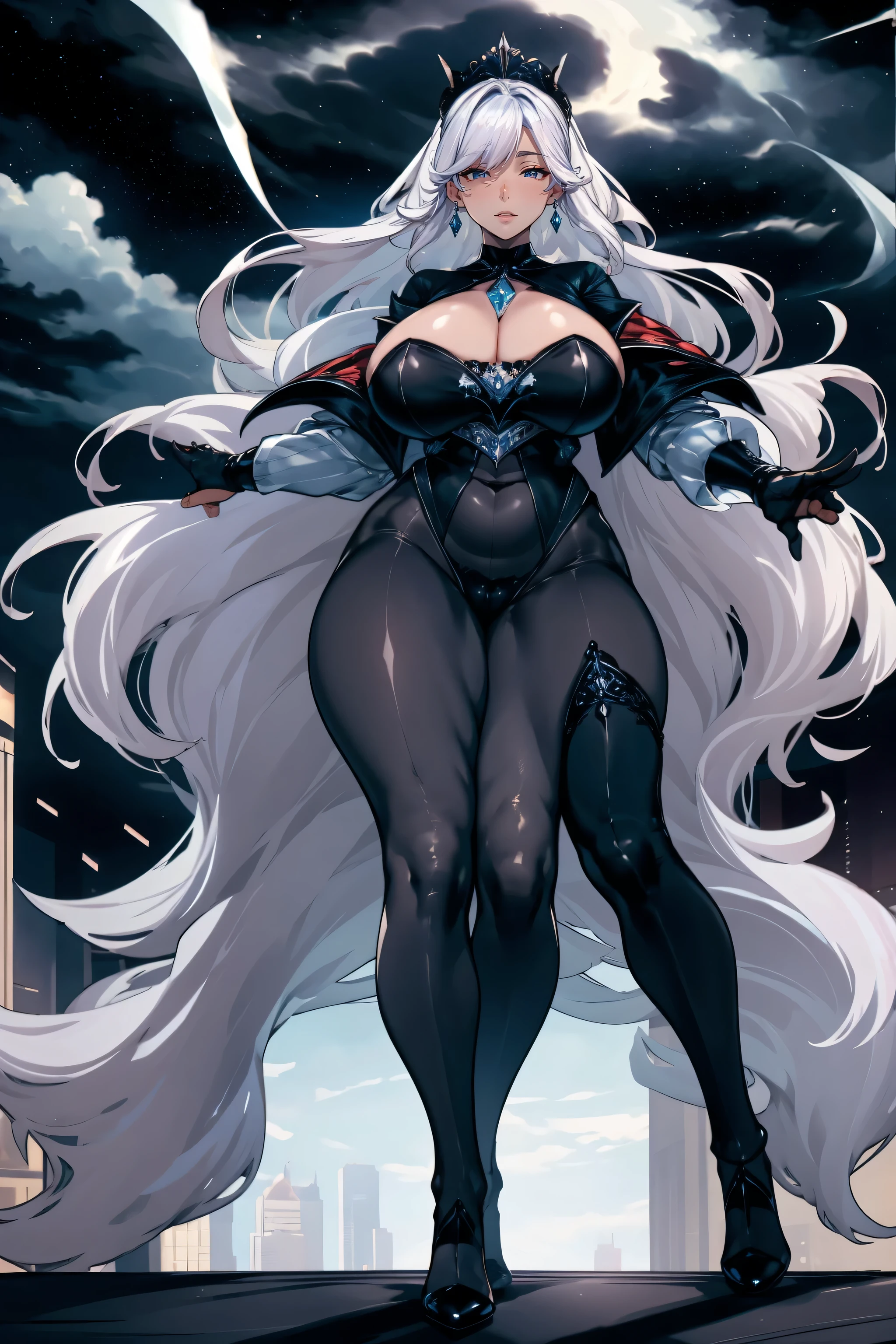 Fat butt，busty，Tall，Tall，a woman，masterpiece，best quality，Beautiful face，black stockings，glass slippers，noble，Abdominal musclelack hair，god，diamond decoration，front，whole body，evening dress，noble，crystal crown，black stockings，Smooth，necklace，earring，High heel，Whitening，Black gauze cloak，starry sky background，conservative clothing，Pants，curve，make up，wide hips，Tall，sweet lipeautiful gem blue eyelack gauze skirt，Dress conservatively，front robe