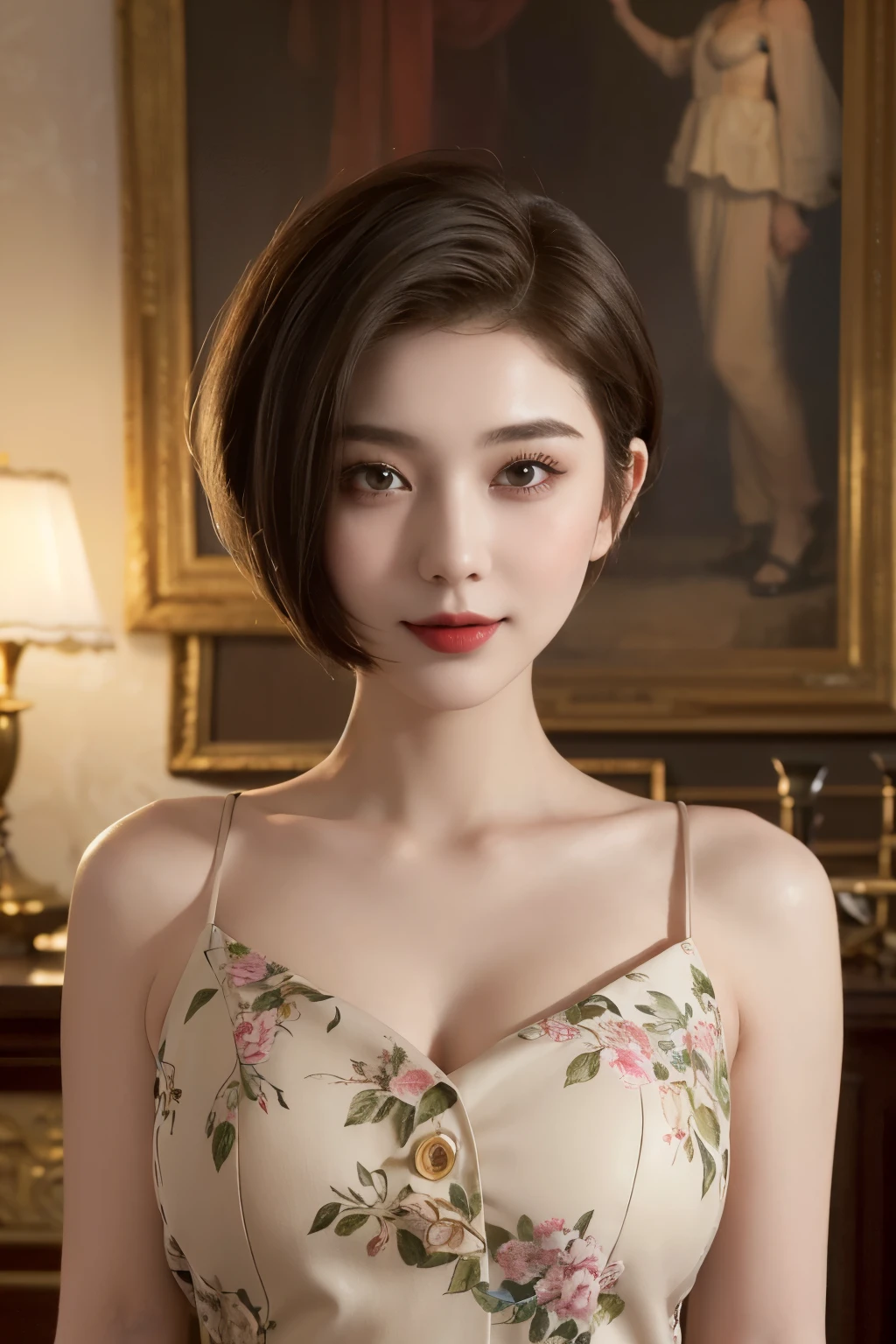 140 (a 20 yo woman,in the palace), (A hyper-realistic), (high-level image quality), ((beautiful hairstyle 46)), ((short-hair:1.46)), (kindly smile), (breasted:1.56), (lipsticks), ( wearing dresurky,wide,Luxurious room), (florals), (an oil painting、Rembrandt)
