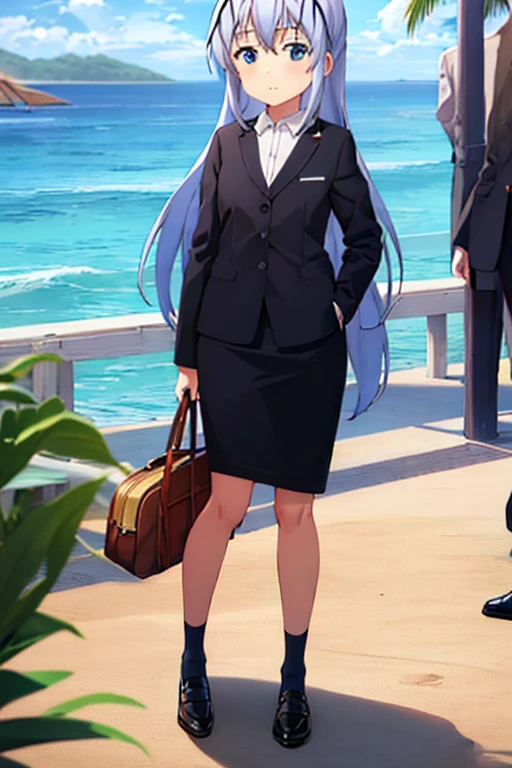 1girl, chino kafuu, beach background, beach, suit, office lady, black skirt, black blazer, pencil skirt, skirt suit, long skirt, white shirt, collared shirt, long hair, teenager, looking at viewer, full body