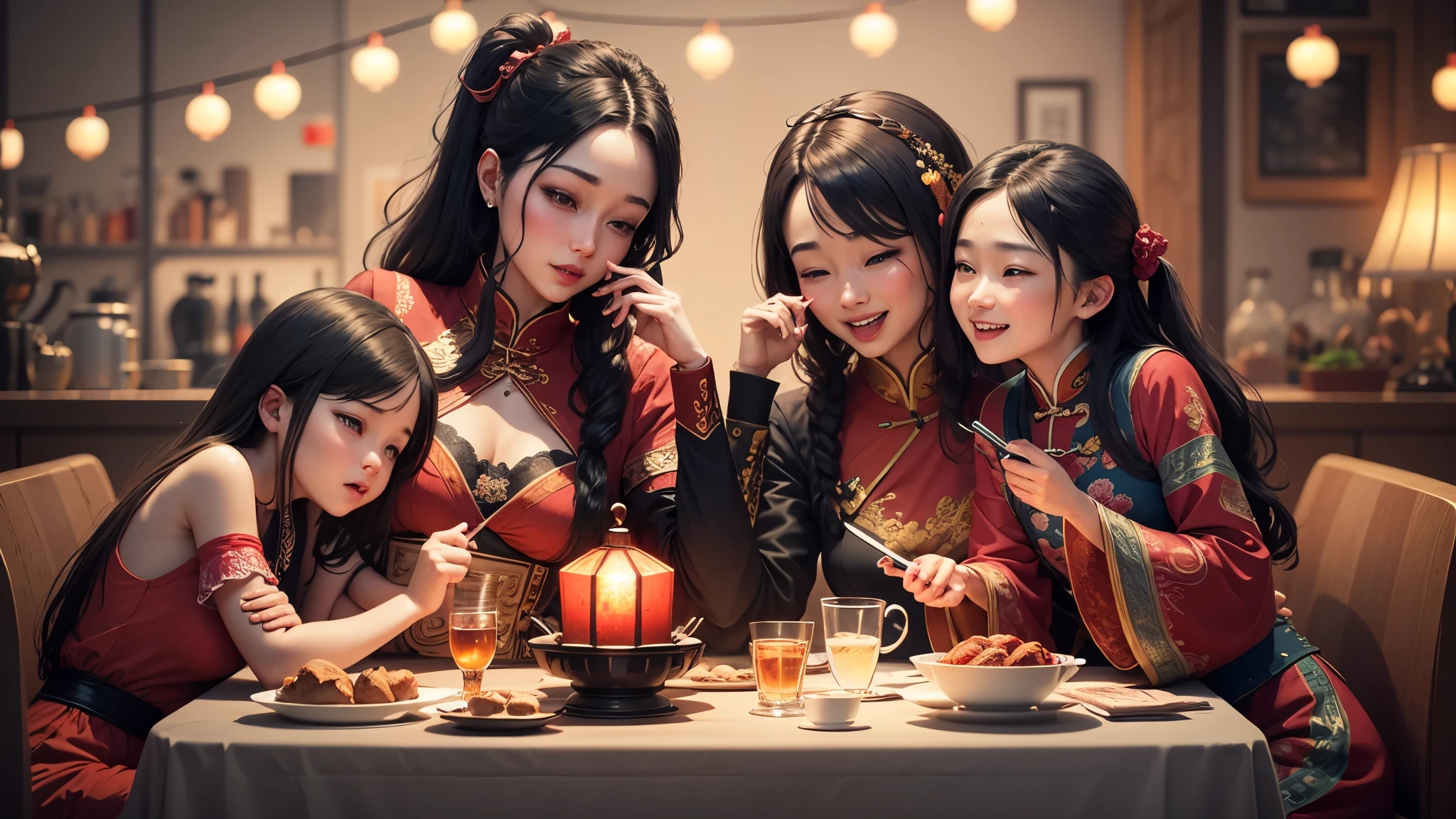 night,red,chinese new year,Lanterns, couplets,2D animation, personality: [Illustrate a family toast, with smiles and clinking of glasses. Show the warmth and love shared among family members. Capture their expressions of joy and closeness.] unreal engine, hyper real     --auto --s2