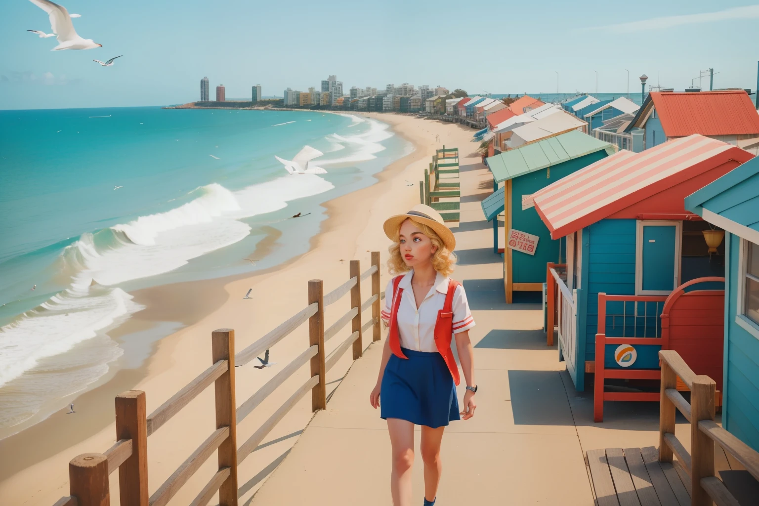 The Melbourne Seaside Mystery: Imagine a teenage girl with sun-kissed blonde curls, wearing a vintage detective outfit, solving a seaside mystery in Melbourne. The scene unfolds on a quaint coastal pier, adorned with colorful beach huts and seagulls. Capture the detective's curiosity and the coastal charm in Wes Anderson's whimsical color palette, blending the nostalgia of Enid Blyton's mysteries with a modern Australian setting.