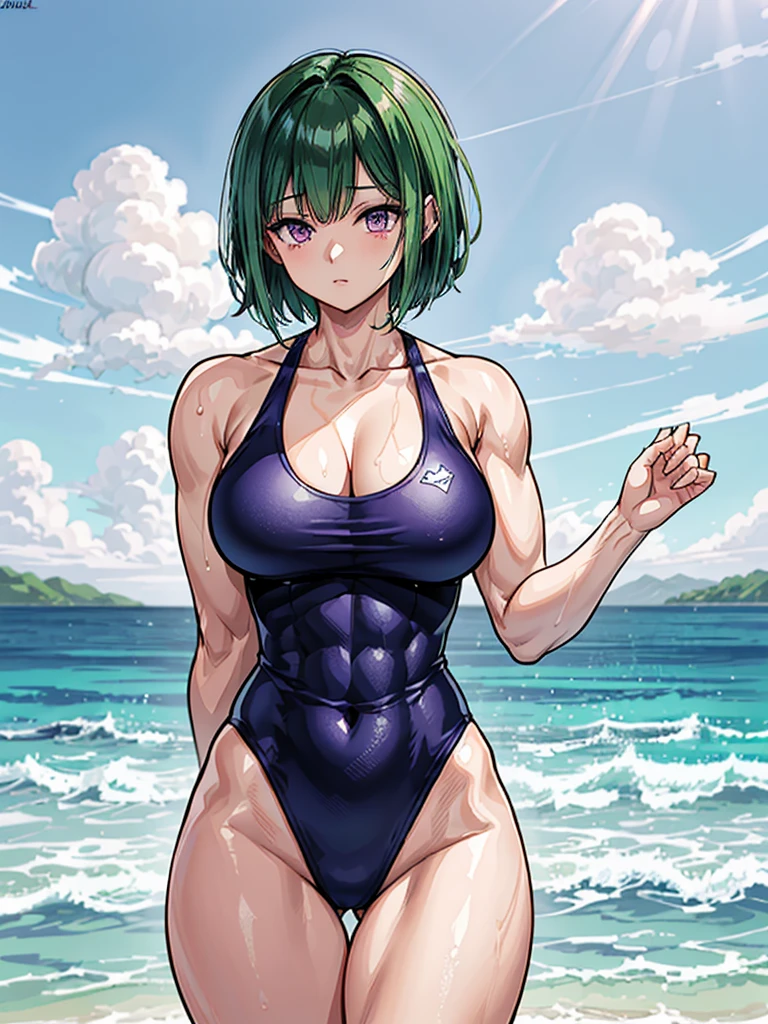 （（（masterpiece、Highest image quality、highest quality、highly detailed unity 8ｋwallpaper）））、（（Illustration of one girl））、（（（beautiful girl）））、（（green hair、very short hair、sidelocks、purple eyes））、（stocky build, thickset physique, muscular legs, broad shoulders, solid chest）、swimsuit、sandy beach