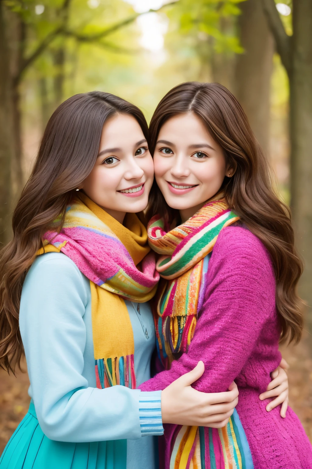 two girls, curious, fearless, smiling, wavy brown hair, dressed in colorful clothes and a magical scarf, next to the old fairy queen,
