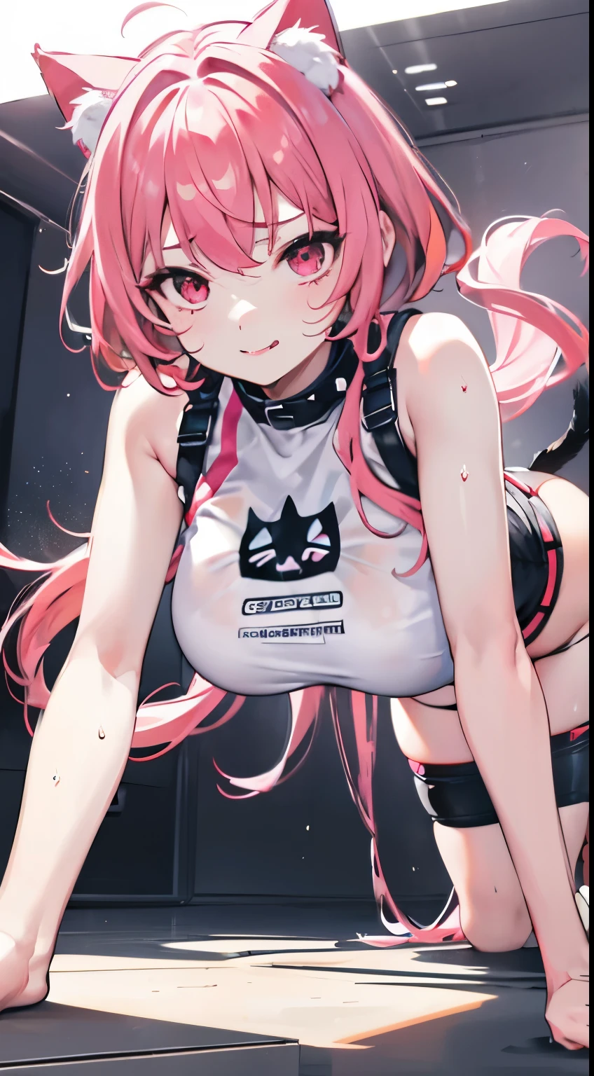 age girl，crop top，hot pants，Queen，Shake ack view，Cord，bondage，red eyes，No underwear，pink hair，big ass，playful，stick out your tongue，Smile，sweat，secretion，raised buttocks，love，soaking wet，Cat ear，transparent，bend over，lace，crawling on all fours