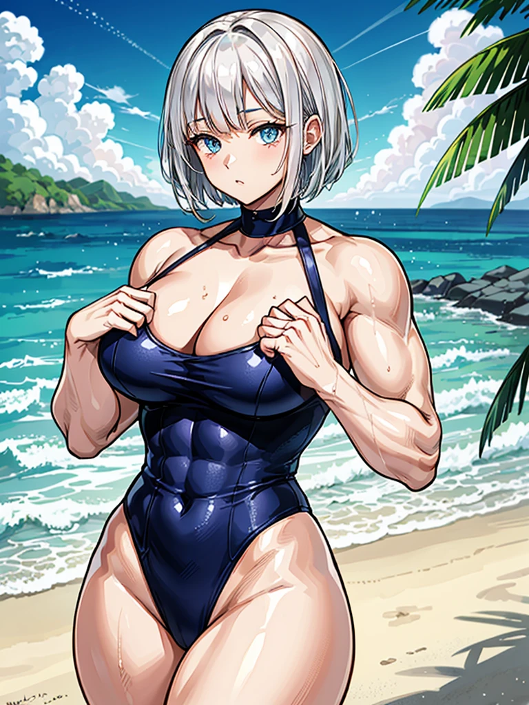 （（（masterpiece、Highest image quality、highest quality、highly detailed unity 8ｋwallpaper）））、（（Illustration of one girl））、（（（beautiful girl）））、（（white hair、short hair、light blue eyes））、（（（stocky build, thickset physique, muscular legs, broad shoulders, solid chest）））、swimsuit、sandy beach