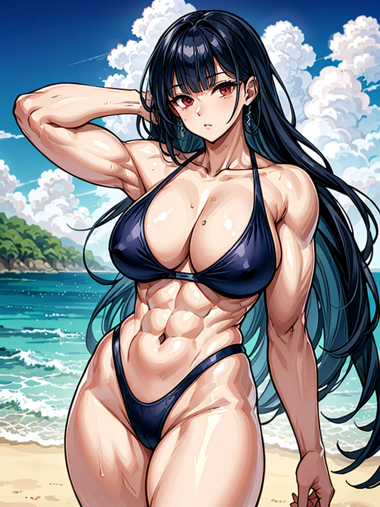 (((masterpiece、Highest image quality、highest quality、highly detailed unity 8kwallpaper)))、((Illustration of one girl))、(((beautiful girl)))、((black hair、Very Longhair、straight:1.2、red eyes))、(tall、stocky build, thickset physique, muscular legs, broad shoulders, solid chest)、swimsuit、sandy beach