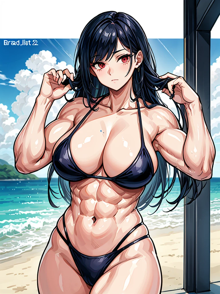 （（（masterpiece、Highest image quality、highest quality、highly detailed unity 8ｋwallpaper）））、（（Illustration of one girl））、（（（beautiful girl）））、（（black hair、Very Longhair、straight：1.2、red eyes））、（tall、stocky build, thickset physique, muscular legs, broad shoulders, solid chest）、swimsuit、sandy beach