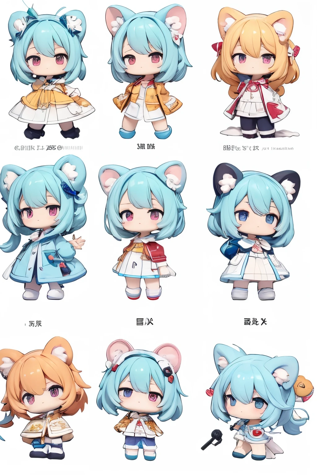 Multi-angle character reference table、dynamic poseultiple poses，subtle attire,animal ears，half batch of coats