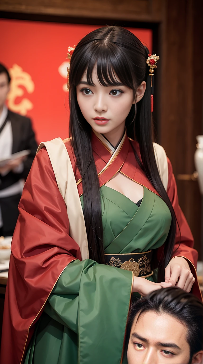 Beautiful woman。Hairstyle2Two chignons。Kung fu style Chinese clothing。