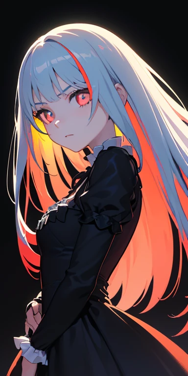 baby face, (colorful fluorescence multicolored hair:1.5,straight hair:1.5), (masterpiece, sidelights, exquisite beautiful eyes: 1.5), masterpiece*portrait, realistic, ((dark horror background:1.5)),(low tension girl:1.5),colorful,3D face,(beautiful face),front view: 1.6、 (glowing red eyes:1.2),(tareme:1.5)、(condescending expression:1.2),()、pale mouth,Slim Body, shiny hair, shiny skin: 1.5、medium breasts,、solo,(stand)、(gothic dress:1.5)、(charactor focus:1.5、portlate、eye focus,cowboy shot)、dark、